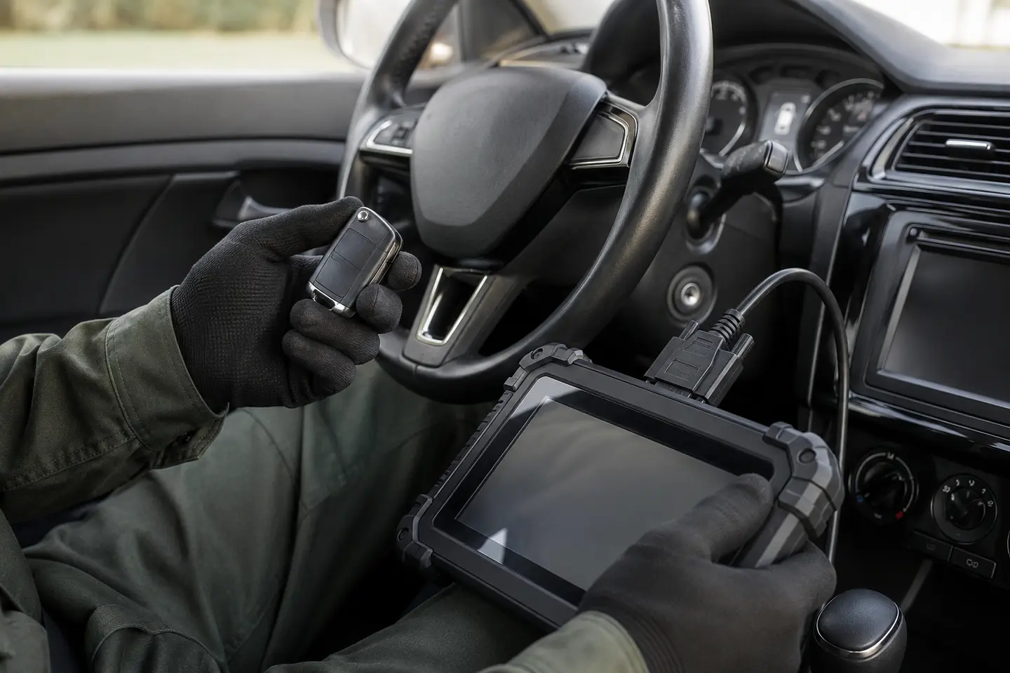 Home 5 Vehicle key and diagnostic equipment inside a car