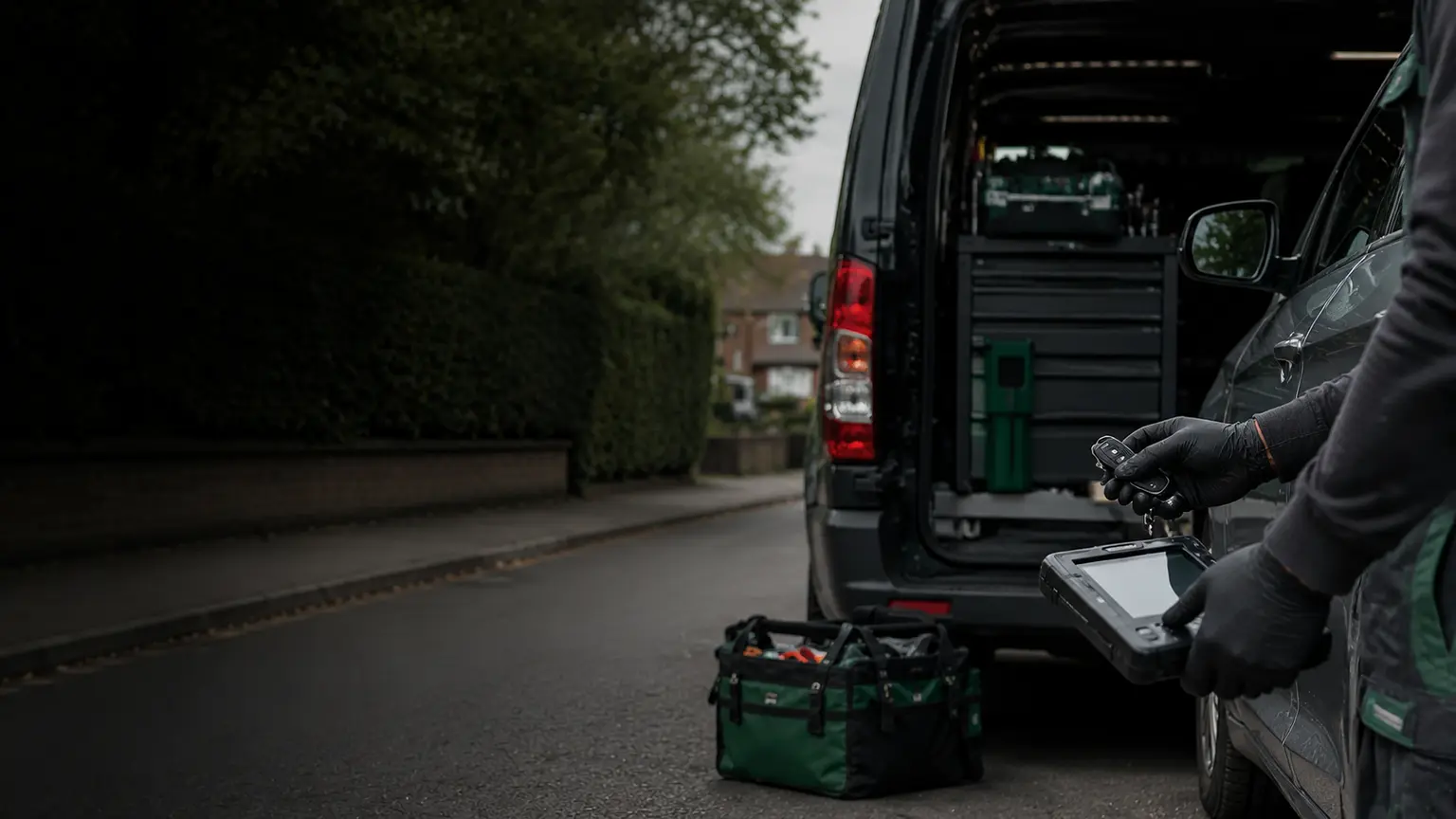 Home 2 Gloved mobile auto locksmith checking vehicle keys beside a service van
