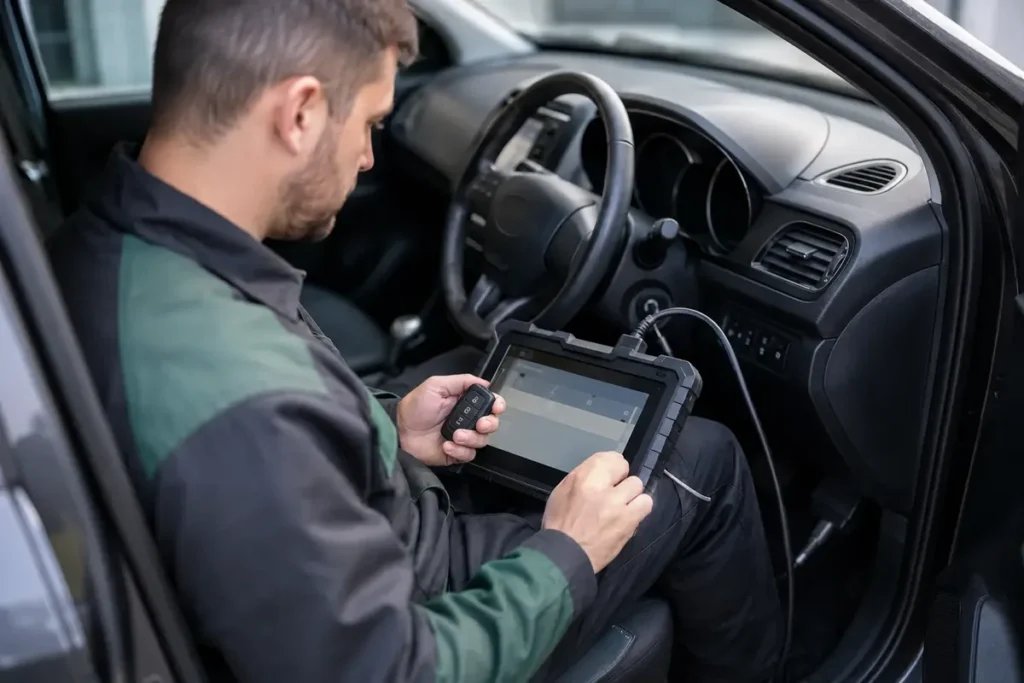 Illustration of vehicle diagnostics and key programming after losing a car key