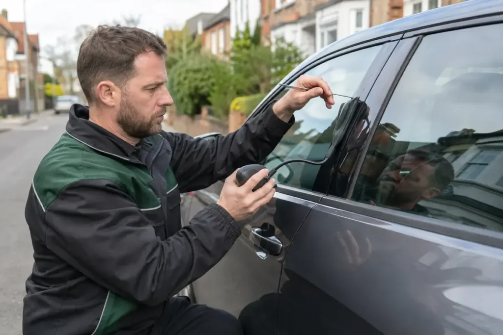 Illustration of a mobile technician attending a vehicle lockout
