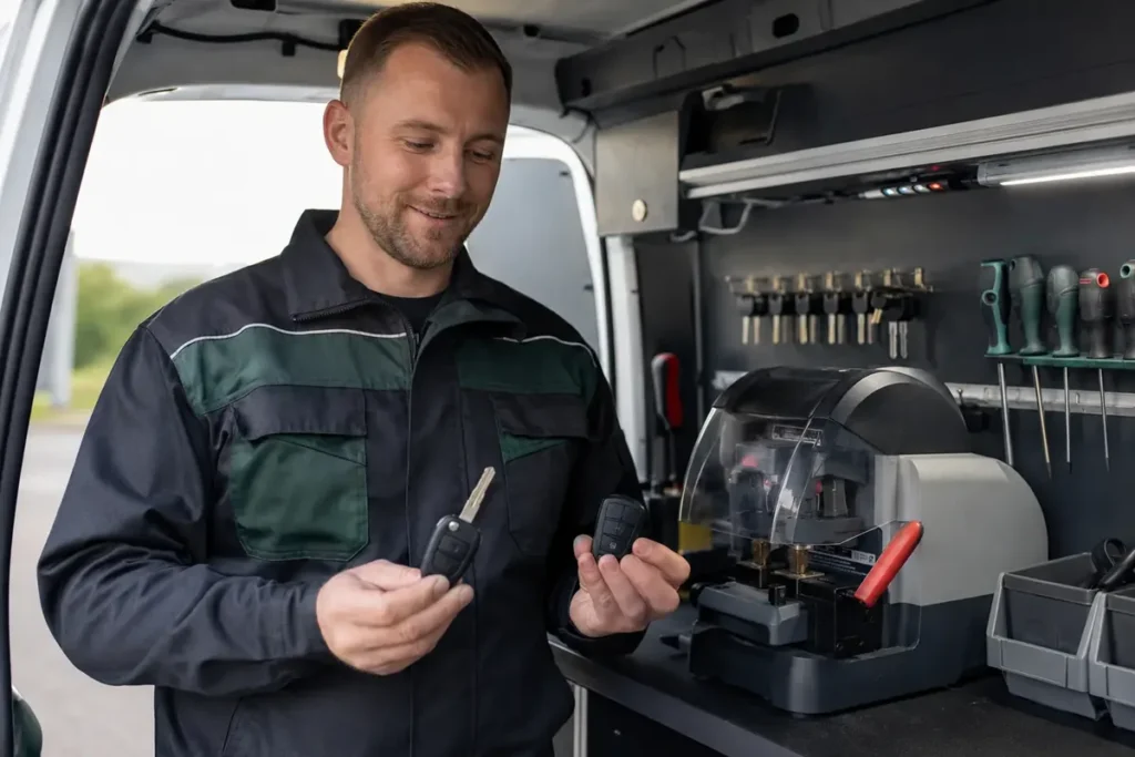 Illustration of two vehicle keys being prepared beside key-cutting equipment